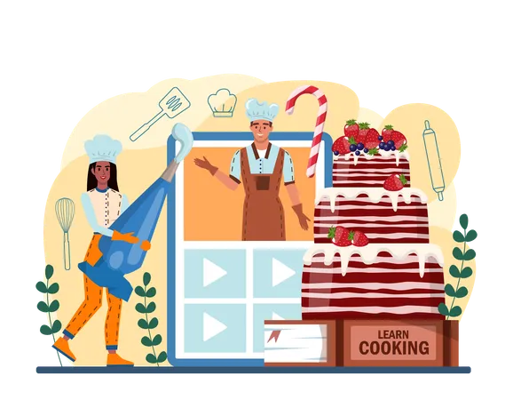 Confectioner Online Service Or Platform Professional Confectioner Chef Making Different Sweets Baker Cooking A Cake For Celebration Online Course Vector Illustration Illustration