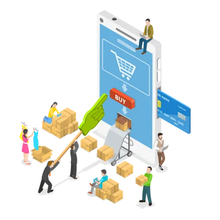 Fast Delivery Flat Isometric Vector Concept People Are Around A Huge Smartphone Buying Some Goods At Online Store And Get Them Immediately From The Delivery Hole In The Phone Screen Illustration