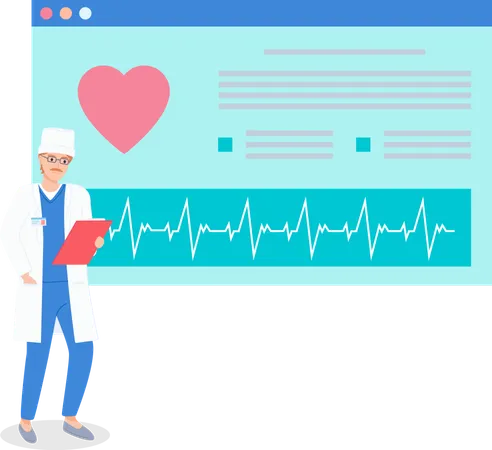 Mustachioed Doctor Holds Clipboard Stands Against The Background Of Huge Screen With A Large Heart Symbol And Cardiogram Web Page Medical Appointment Template Video Chat With A Cardiologist Illustration