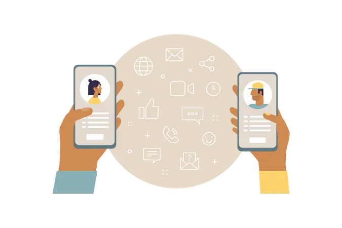 Vector Illustration Of Two Hands Hold Phones With Avatars On The Screens The Concept Of Online Communication Illustration