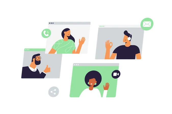 Vector Illustration In Flat Style Of Video Call Interface Windows With Various Male And Female Characters Chatting On An Online Conference Illustration