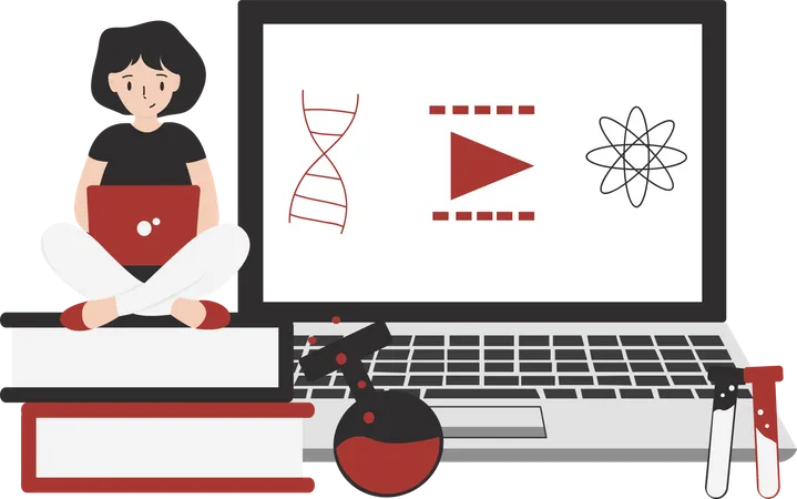 Illustration Of Chemistry Elements Floating In Online Class Coming Out Of A Video Call Women Sitting On Stack Of Books And Using Laptop For Studying Illustration