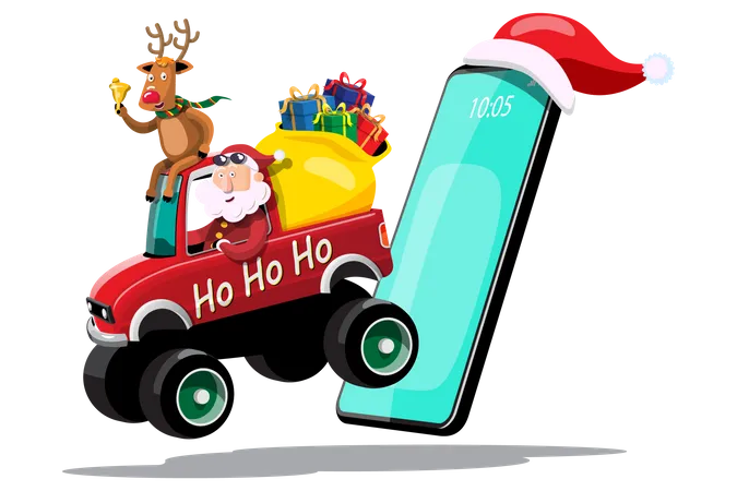 Delivery Santa Claus Driving Car With Reindeer By Smartphone GPS Location For Sending Gift To People Around The World Cartoon Character And Smartphone Transportation Concept Vector Illustration Illustration