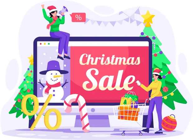 E Commerce Christmas Sale Banner And Shopping Concept People Shop In E Commerce At Christmas Sale Vector Illustration In Flat Style Illustration