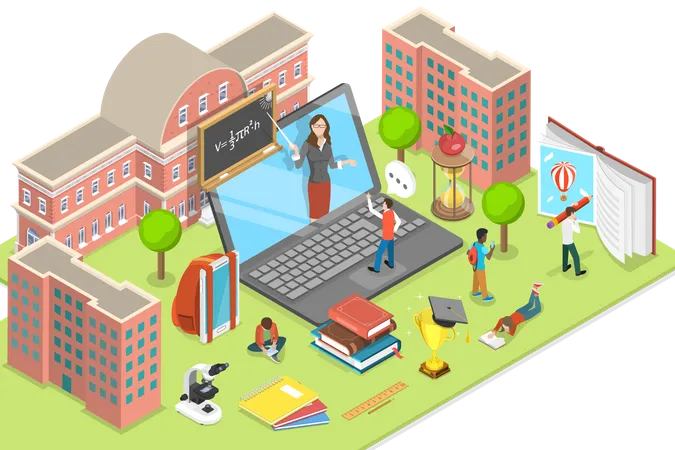 3 D Isometric Flat Vector Landing Page Template Of Distant School Education Online Classes And E Learning Illustration