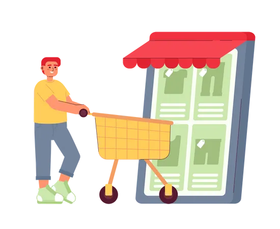 Online Clothing Store Flat Concept Vector Spot Illustration Man With Trolley Cart Purchasing Clothes On Phone Editable 2 D Cartoon Character On White For Web UI Design Shopping Creative Hero Image Illustration