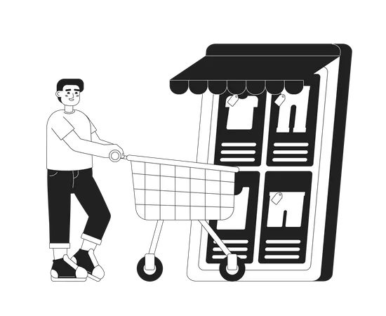 Online Clothing Store Monochrome Concept Vector Spot Illustration Editable 2 D Flat Bw Cartoon Character For Web UI Design Man With Trolley Cart Purchasing Clothes On Phone Hand Drawn Hero Image Illustration