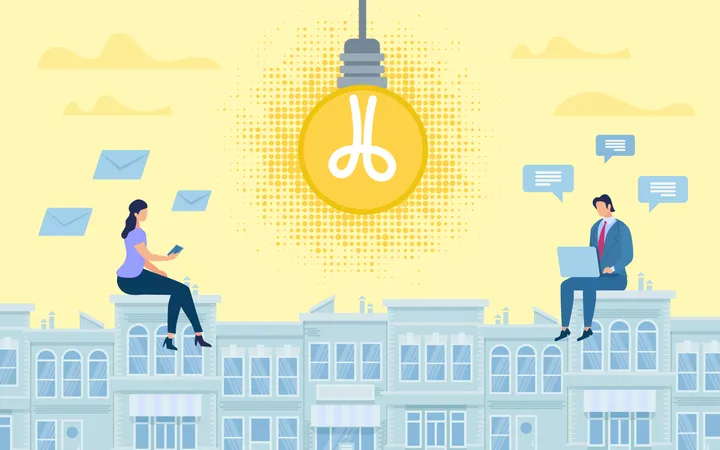Advertising Banner Online Collaborative Idea Poster Conceptual Idea Sharing Ideas Online Man And Woman Are Sitting On House Next To Large Glowing Light Bulb Vector Illustration 일러스트레이션