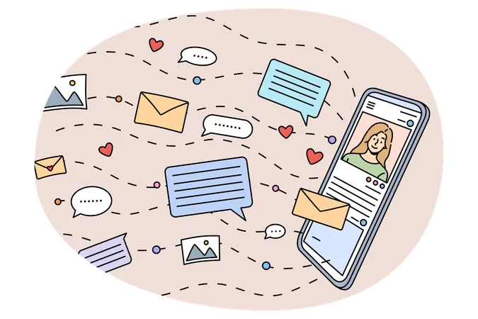 Online communication and social media activity on cell  Illustration
