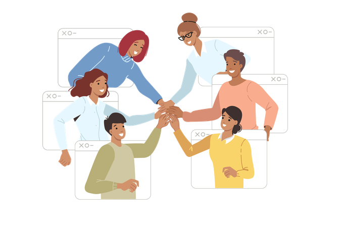 Online community of men and women holding hands  Illustration