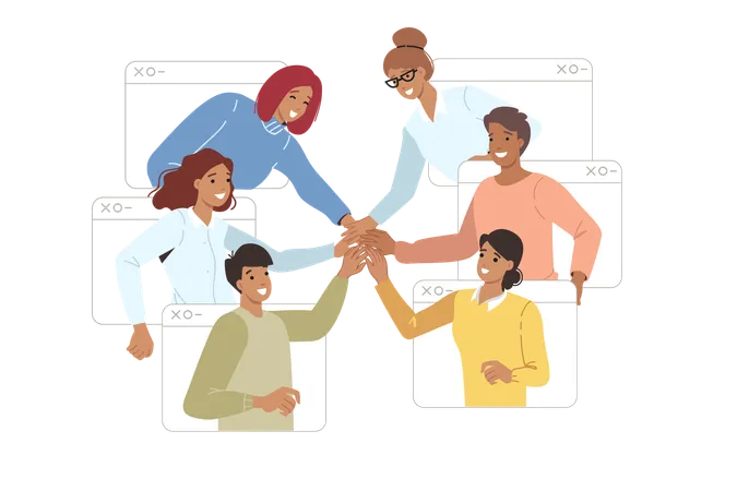 Online community of men and women holding hands  Illustration