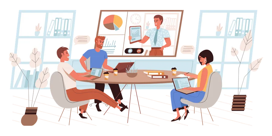 Online Conference Concept In Flat Design Employees At Business Meeting Discussing Work Listening To Colleague Report On Huge Screen Communicating Via Video Call People Scene Vector Illustration Illustration