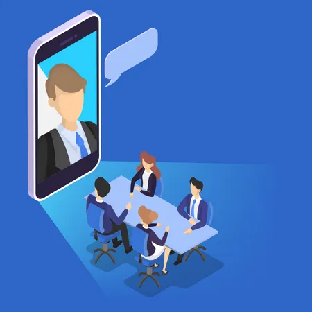 Online Conference Concept Business People On The Seminar Lecture Or Presentation Online Speaker On The Smartphone Display Isolated Vector Isometric Illustration Illustration