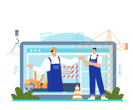 Constructor Online Service Or Platform House And Road Building Process City Area Development Online Course Flat Vector Illustration 일러스트레이션