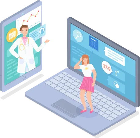 Online consultation with doctor through laptop  Illustration