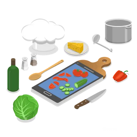 Online Recipes Flat Isometric Vector Concept Smartphone Like A Part Of Cutting Board Illustration