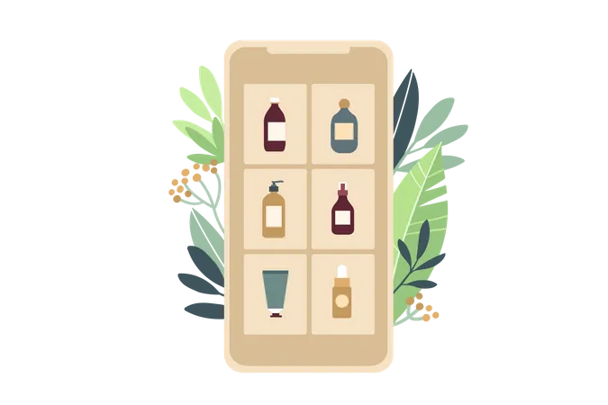 Smartphone With Intrfaceamonlpine Natural Cosmetics Store With Various Jars Vector Illustration In Flat Design Transparent Background Illustration