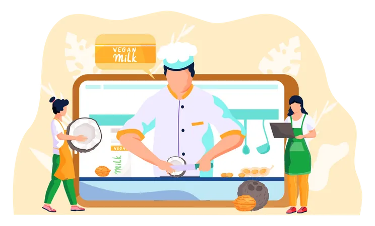 A Woman Carries A Coconut In Her Hands While Girl Stands With A Laptop In Her Hands And Works Or Studies Online Online Culinary Lesson Chef On The Screen Cuts Coconut Making Organic Vegan Milk Illustration