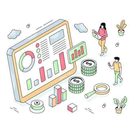 Mitarbeiter präsentiert Online-Datenanalyse im Meeting  Illustration