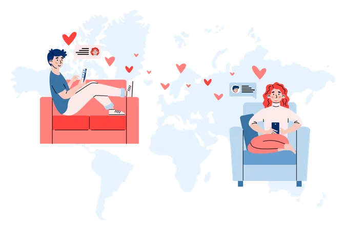 Online dating and love distance relationship via internet.  Illustration