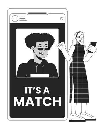 Online Dating App Bw Concept Vector Spot Illustration Relationships Woman Matching With Man 2 D Cartoon Flat Line Monochromatic Character For Web UI Design Editable Isolated Outline Hero Image 일러스트레이션