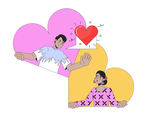Online Dating Heterosexual Couple 2 D Linear Illustration Concept Indian Sweethearts Cartoon Characters Isolated On White Long Distance Love Hearts Metaphor Abstract Flat Vector Outline Graphic Illustration