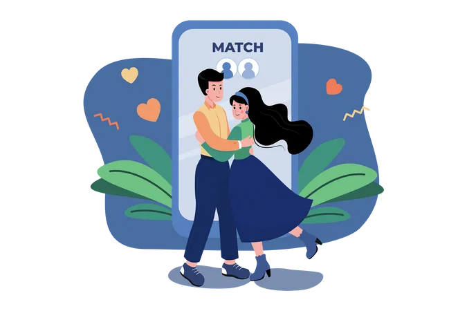 Couple Finding A Perfect Match On Online Dating App Illustration