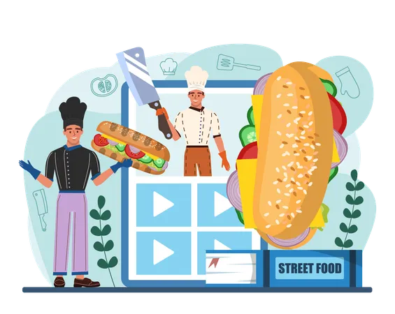 Sandwich Online Service Or Platform Toast With Ham Turkey Or Bacon Cheese Salad And Tomatoes Delicious Lunch Snack Video Blog Flat Vector Illustration 일러스트레이션