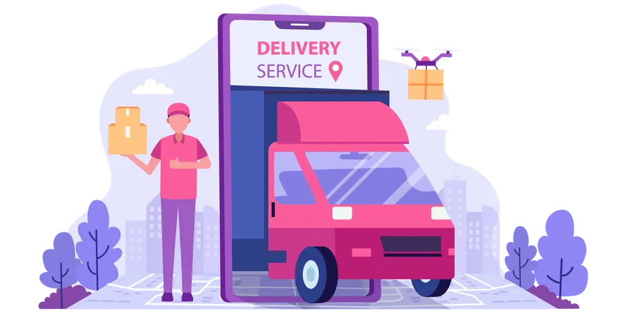 Staff Deliver Goods By Car To Customers Who Order Illustration