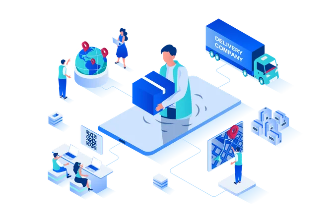 Online Delivery 3 D Isometric Web Design People Order Goods All Over World Use Fast Delivery Of Parcels Online Tracking In Application Cargo Transportation And Logistics Vector Web Illustration Illustration