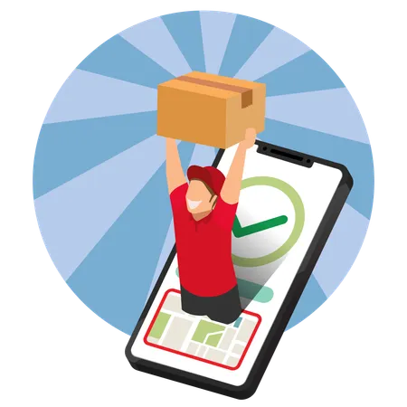 Delivery Courier Man Holding Parcel Box With Mobile Phone Fast Online Delivery Service Online Order Internet E Commerce Concept For Website Or Banner 3 D Perspective Vector Illustration Illustration