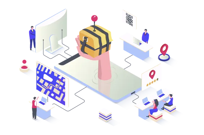 Online Delivery Concept In 3 D Isometric Design Customers Send And Receive Parcels Track Online Pay For Service Of Logistics Company Vector Illustration With Isometry People Scene For Web Graphic Illustration