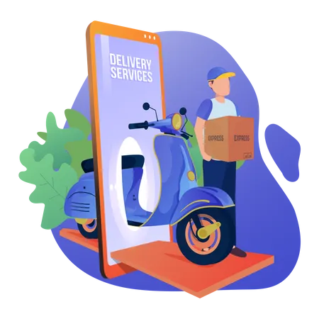 Illustration Of Online Shipping Service With Courier And Scooter On Mobile Phone Illustration