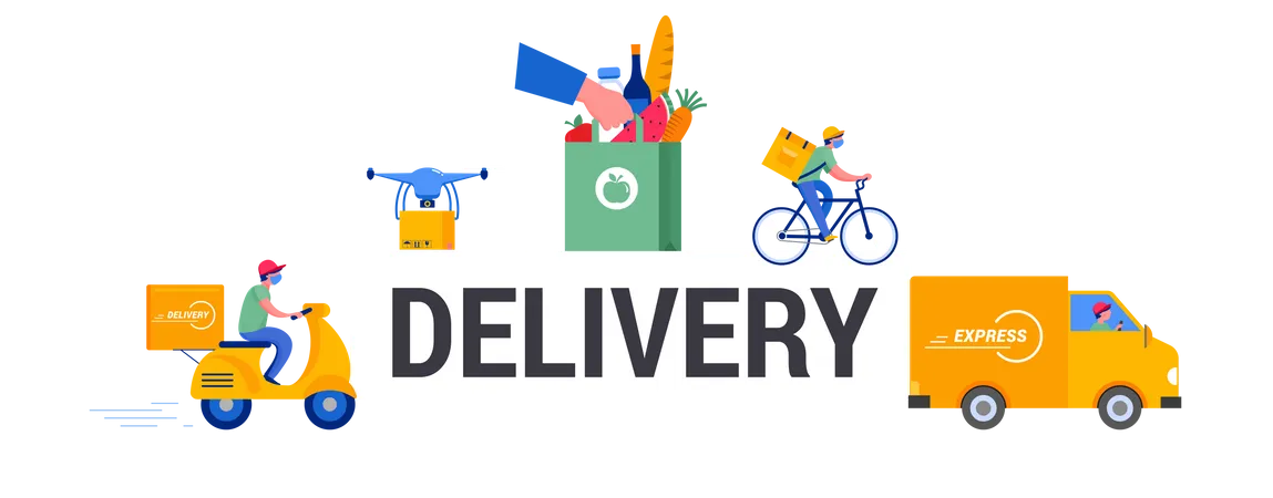 Online Delivery Service Concept Online Order Tracking Delivery Door To Door Home And Office Warehouse Truck Drone Scooter And Bycicle Courier Delivery Man In Respiratory Mask Vector Illustration Illustration