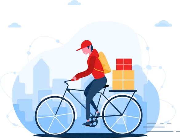 Online Delivery Service Concept Home And Office Fast Courier On The Bike Shipping Restaurant Food Mail And Packages Modern Vector Illustration In Flat Cartoon Style Illustration