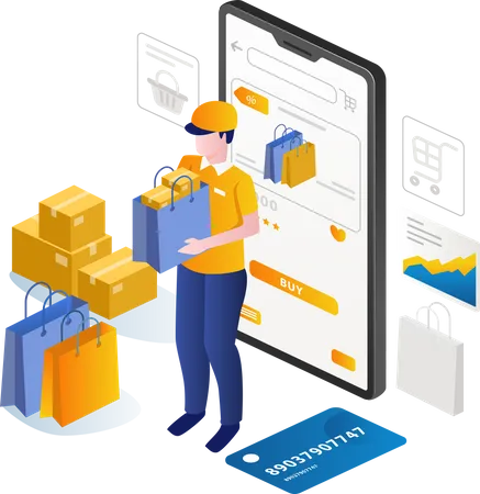 Man Delivering Online Shopping Items From Market Place Illustration