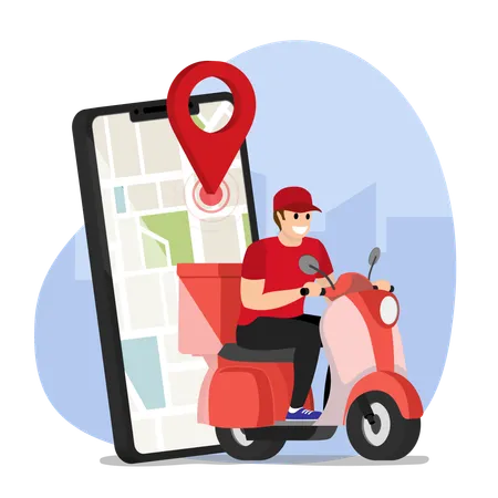 Scooter With Delivery Man Flat Vector Cartoon Character Fast Courier Restaurant Food Service Mail Delivery Service A Postal Employee The Determination Of Geolocation Using Electronic Device Illustration