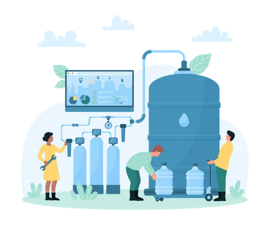 Purification Online Distribution And Clean Water Delivery Vector Illustration Cartoon Tiny Couriers Load Gallons Of Drinking Water After Filtration At Treatment Plant People Carry Plastic Cooler Illustration