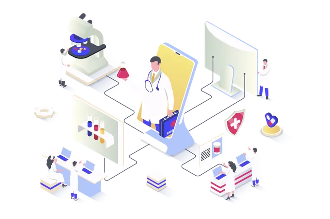 Medicine Concept In 3 D Isometric Design Doctor Consults Patients Online Medical Laboratory Does Tests Pharmacy Sells Medicines Vector Illustration With Isometry People Scene For Web Graphic Illustration