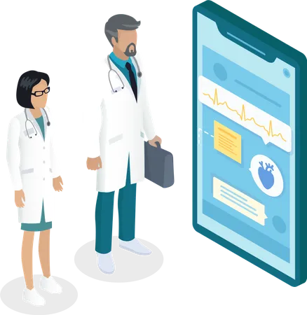 Isometric Illustration With Cartoon Characters Online Consultation With Doctors Virtual Help Medical Application For Smartphone Medicine At Distance Doctor Man Woman Ready To Consult Patient Illustration