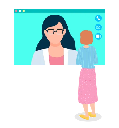 Consultation With Female Doctor On Video Chat Woman Doctor Video Conference With Patient Woman The Concept Of Online Diagnostics Healthcare Expert Advises Via Computer Flat Vector Illustration Illustration