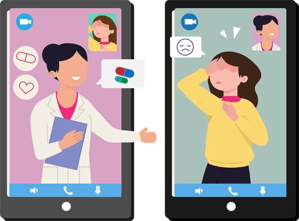 Online Doctor Consultation A Female Patient Cartoon Character Calls A Doctor For Consultation Using A Smartphone App Illustration