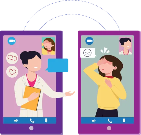 Online Doctor Consulting Vector Illustration Cartoon Character Female Patient Calling Doctor For Consultation Using App Service On Smartphone Flat Style Cartoon Illustration Vector Illustration