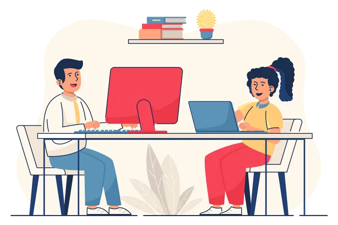 Children Learn On Computers Concept For Web Banner Boy And Girl Watching Video Lessons Doing Homework Online Modern Person Scene Vector Illustration In Flat Cartoon Design With People Characters Illustration