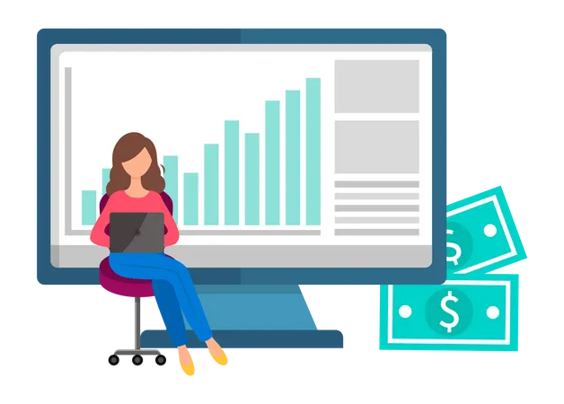Woman Buys On Online Commerce E Commerce Online Business Illustration With Buyer Pays With App Young Girl Sits With A Laptop And Makes Purchases In Store Using The Internet Looks At Sales Figures Illustration