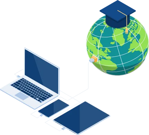 Flat 3 D Isometric World With Graduation Cap Connected To Laptop Smartphone And Tablet Global Online Education And E Learning Concept Illustration