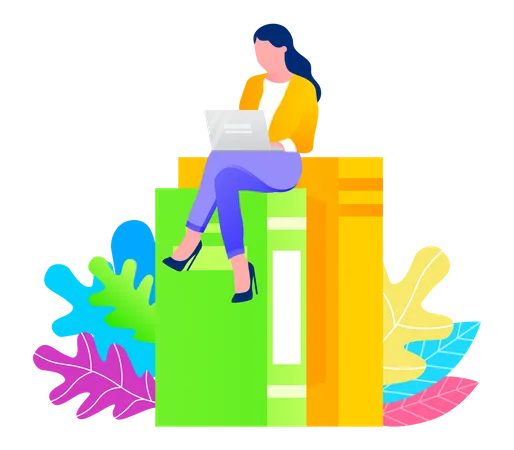 Business Lady On High Heels Freelancer On Stalk Of Textbooks Working Character Abstract Trees Woman Sitting On Piles Of Books Searching Answer In Internet Person In Flat Style Vector Illustration Illustration