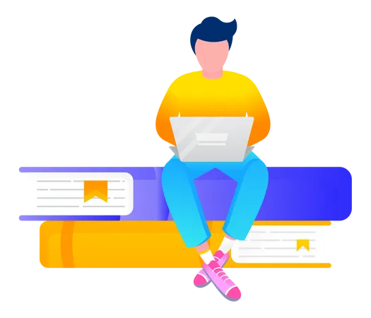 Guy Sitting On Stack Of Books And Studying Online Young Student Teenager Learning Educational Material Using Laptop With Internet And Textbooks From Library Vector Illustration In Flat Style Illustration