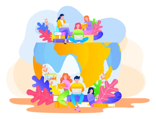 Modern Bright Characters Are Sitting On The Colorful Planet Twenty First Century Work People Are Working Using Technologies Man And Women Are Reading Some Information From Books And Laptops Illustration