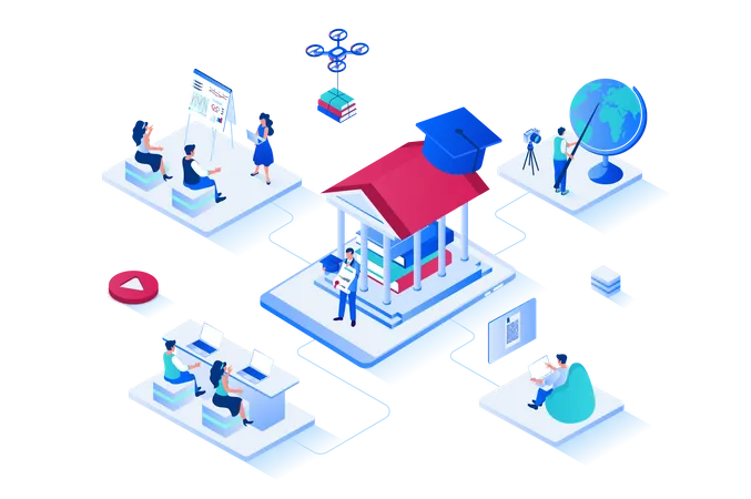 Online Education 3 D Isometric Web Design People Get New Skills And Knowledge Read Books Study At Lessons In Class Complete Distance Courses Listen Teacher At Conference Vector Web Illustration Illustration